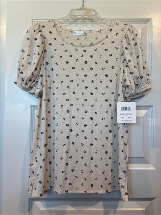 Madison Tops - Madison Cream Top with Navy Nautical Motif and Puff Sleeves